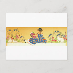 Vintage kleines Mädchen liest mit Kaninchen Postkarte