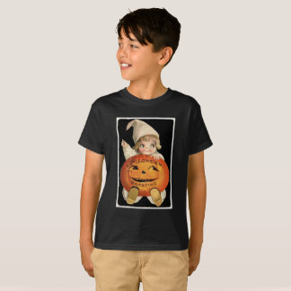 Vintage kleines Mädchen mit großem Halloween-Kürbi T-Shirt