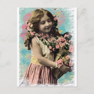 Vintage kleines Mädchen und Blumen Postkarte