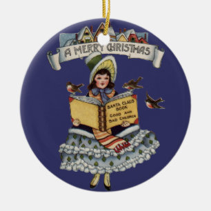 Vintage Kleines Mädchen und Weihnachtsmann Buch Keramik Ornament