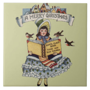 Vintage Kleines Mädchen und Weihnachtsmann Santa C Fliese