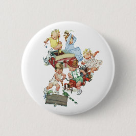 Vintage Kleinkinder spielen mit Feuerwehrfahrzeuge Button