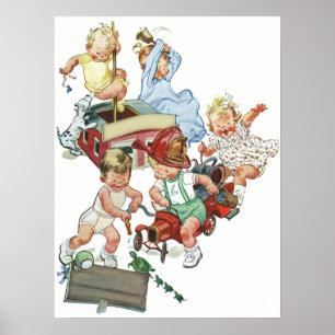 Vintage Kleinkinder spielen mit Feuerwehrfahrzeuge Poster