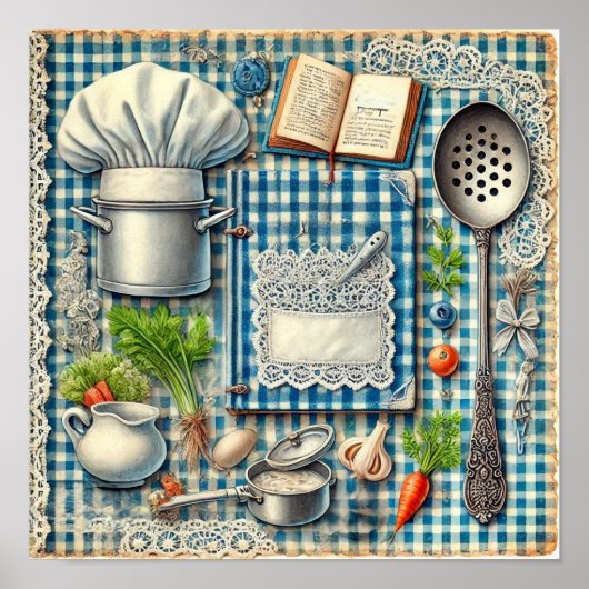 Vintage Kochutensilien auf Blue Tablecloth Poster (Vorne)