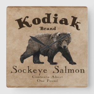 Vintage Kodiak-Lachs-Etikett (Bär) Quadratische Wanduhr