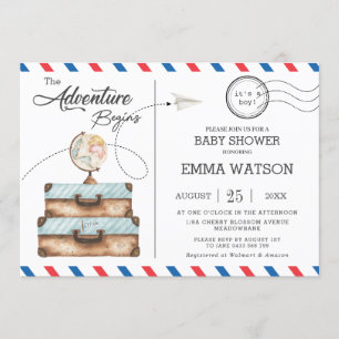 Vintage Koffer Baby Shower Junge Neues Abenteuer Einladung