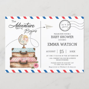 Vintage Koffer Baby Shower Mädchen Abenteuer Postw Einladung
