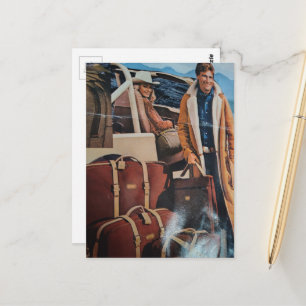 Vintage-Koffer-Collage Mann und Frau Berge Postkarte