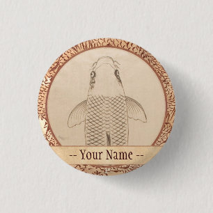 Vintage-Koi-Karpfenmalerei auf altem Papierschrift Button