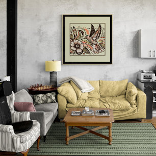 Vintage Kolibri & Blüten Kunstprint Poster
