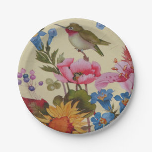 Vintage Kolibri-Freund-wilde Blumen Pappteller