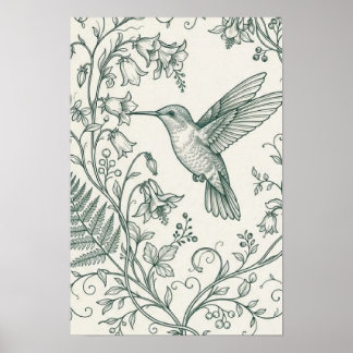 Vintage Kolibri und botanischer Farn Feine Linie A Poster