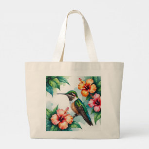Vintage Kolibri- und Hibiskus-Blumentasche Jumbo Stoffbeutel
