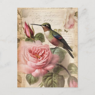 Vintage Kolibri und rosa Rosen Decoupage Postkarte