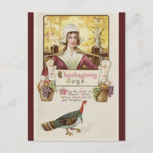 Vintage Kolonialfrau und Truthahn Thanksgiving Postkarte