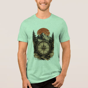Vintage Kompass Berg Sonnenuntergang Design Tri-Blend Shirt