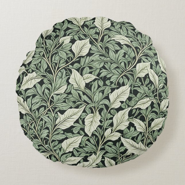 Vintage komplexe botanische grüne Blätter Rundes Kissen (Vorderseite)