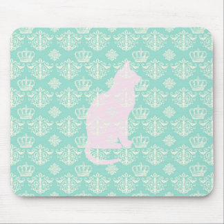 Vintage königliches Teal-Weiß-Damaskus-Katze-Desig Mousepad