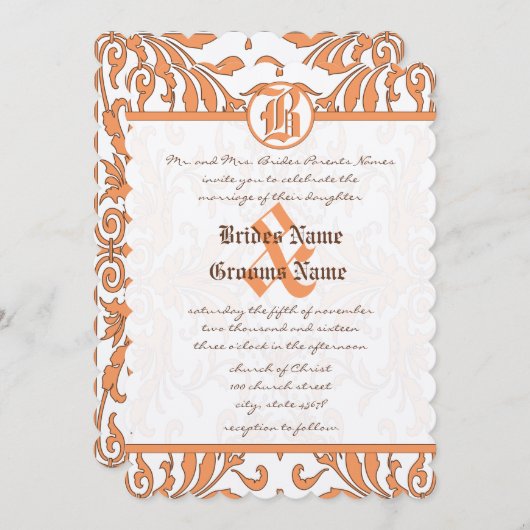 Vintage Korallen & Braun Damask Einladung (Vorne/Hinten)