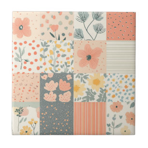 Vintage-Korallen-Pfirsich-Salbei-Blumen-Patchwork Fliese