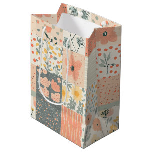 Vintage-Korallen-Pfirsich-Salbei-Blumen-Patchwork Mittlere Geschenktüte