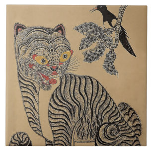 Vintage-koreanische Minhwa-Tigerrolle Fliese