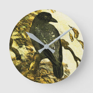 Vintage-Krähe auf einem Ast Theo van Hoytema Runde Wanduhr