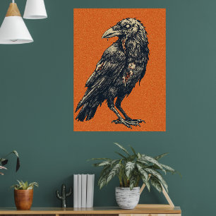 Vintage-Krähe auf leuchtend orangefarbener Leinwan Poster