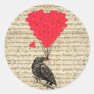 Vintage-Krähe und herzförmige Luftballons Runder Aufkleber