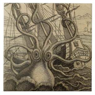 Vintage Kraken Riesenkrake Seemonster Schiff Poste Fliese