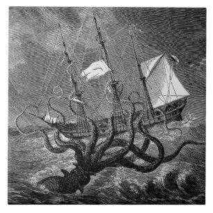 Vintage Kraken Riesenkrake Seemonster Schiff Poste Fliese