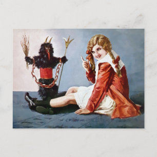 Vintage-Krampus-mit-Mädchen-Weihnachtspostkarte Postkarte