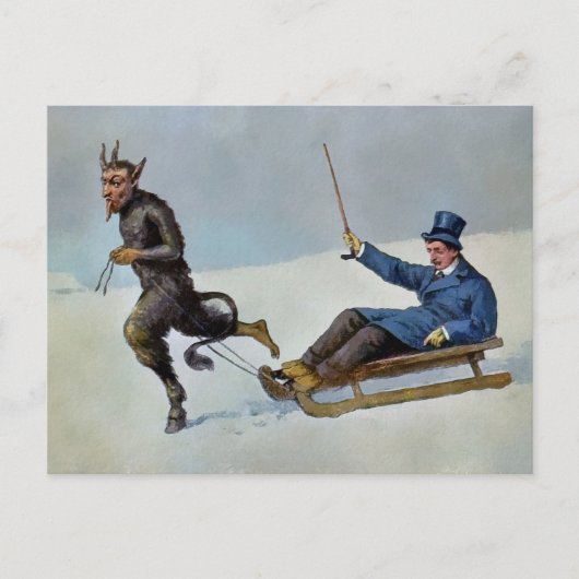 Vintage Krampus Pulling Sled Postcard Postkarte (Vorderseite)