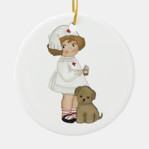 Vintage Krankenschwester mit Welpen-T - Shirts und Keramikornament