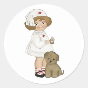 Vintage Krankenschwester mit Welpen-T - Shirts und Runder Aufkleber