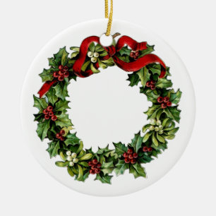 Vintage-Kranz mit roter Schleife und Stechpalmen-G Keramikornament