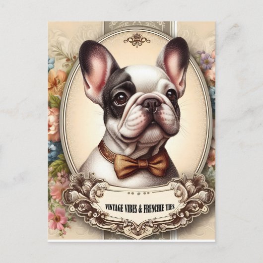 Vintage Krawatte Vibes & Frenchie Postkarte (Vorderseite)