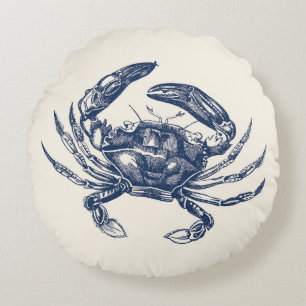 Vintage-Krebs-Illustration Marineblau auf Creme Rundes Kissen