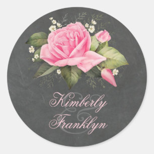 Vintage Kreidetafel Rosa Rosen Hochzeit Runder Aufkleber