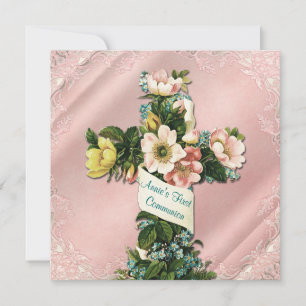 Vintage Kreuz Vintage Rosa Erstkommunion Einladung