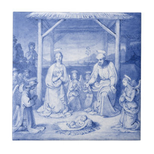 Vintage Krippe Baby Jesus Birth Delft Blue Fliese