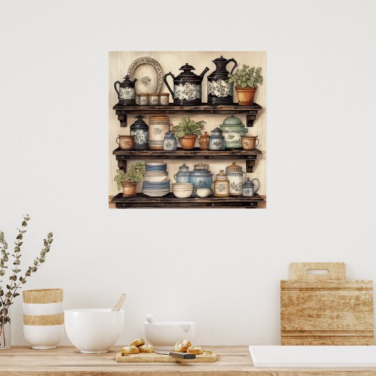 Vintage Küche Shelf Pots Pflanze Geschirr Poster (Küche)