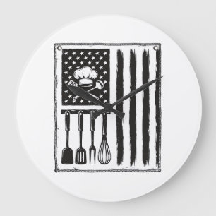 Vintage-Küchenflagge-Kochutensilien-Shirt-Design Große Wanduhr