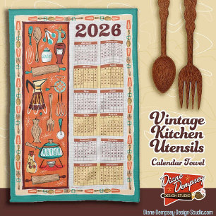 Vintage Küchenutensilien-Kalenderhandtuch 2026 Geschirrtuch