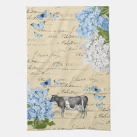 Vintage Kuh-blaues Blumen-Postkarten-Tee-Tuch