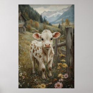 Vintage-Kuh-Druck, Kalb-Oster-Blumen-Farmhaus Poster