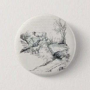 Vintage-Kuh-Schaf-im-Feld-Bach-Wiese-Druck Button