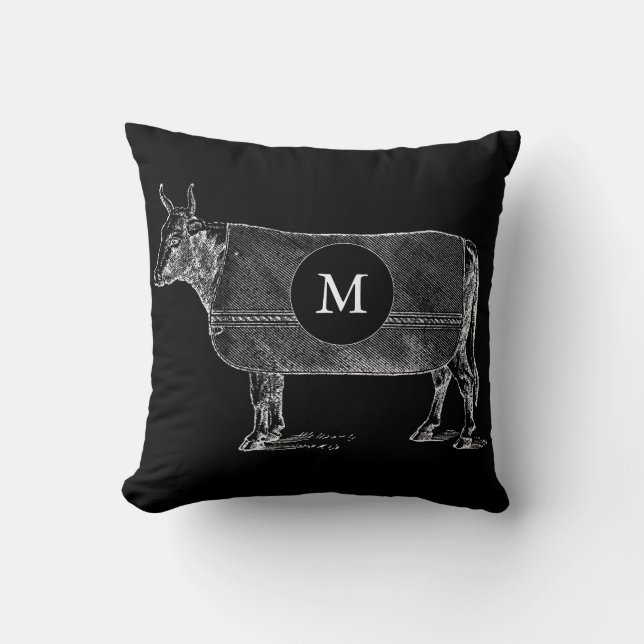 VINTAGE Kuhblanke Schwarz-weiß Monogram Pillow Kissen (Vorderseite)
