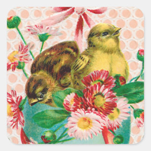 Vintage Küken mit Osterei Ostergruß Quadratischer Aufkleber