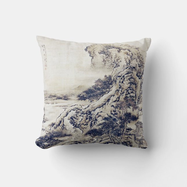 Vintage Kunst Chinesische Landschaftsmalerei Schwa Kissen (Vorderseite)